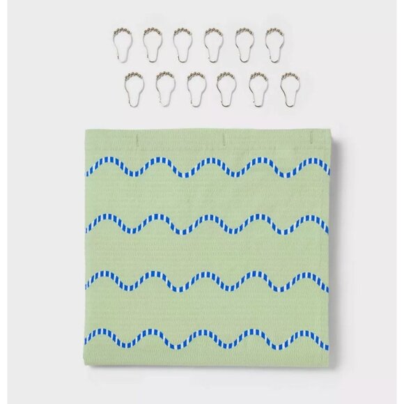 ROOM ESSENTIALS Green Shower Curtain & 12 Shower Hooks Bath Set 72X72 - Picture 7 of 7